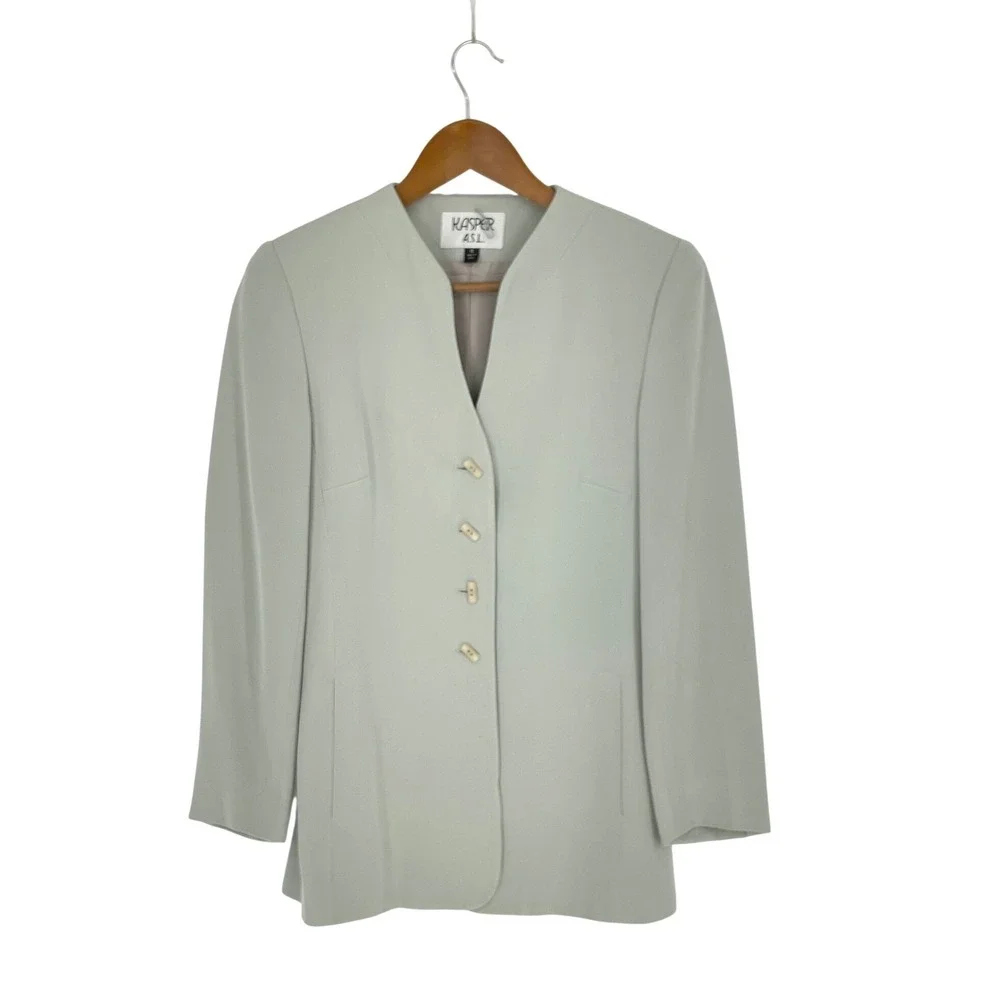 Vtg Kasper A.S.L. Women Blazer 4 Jacket Sage Green Collarless Toggle Button